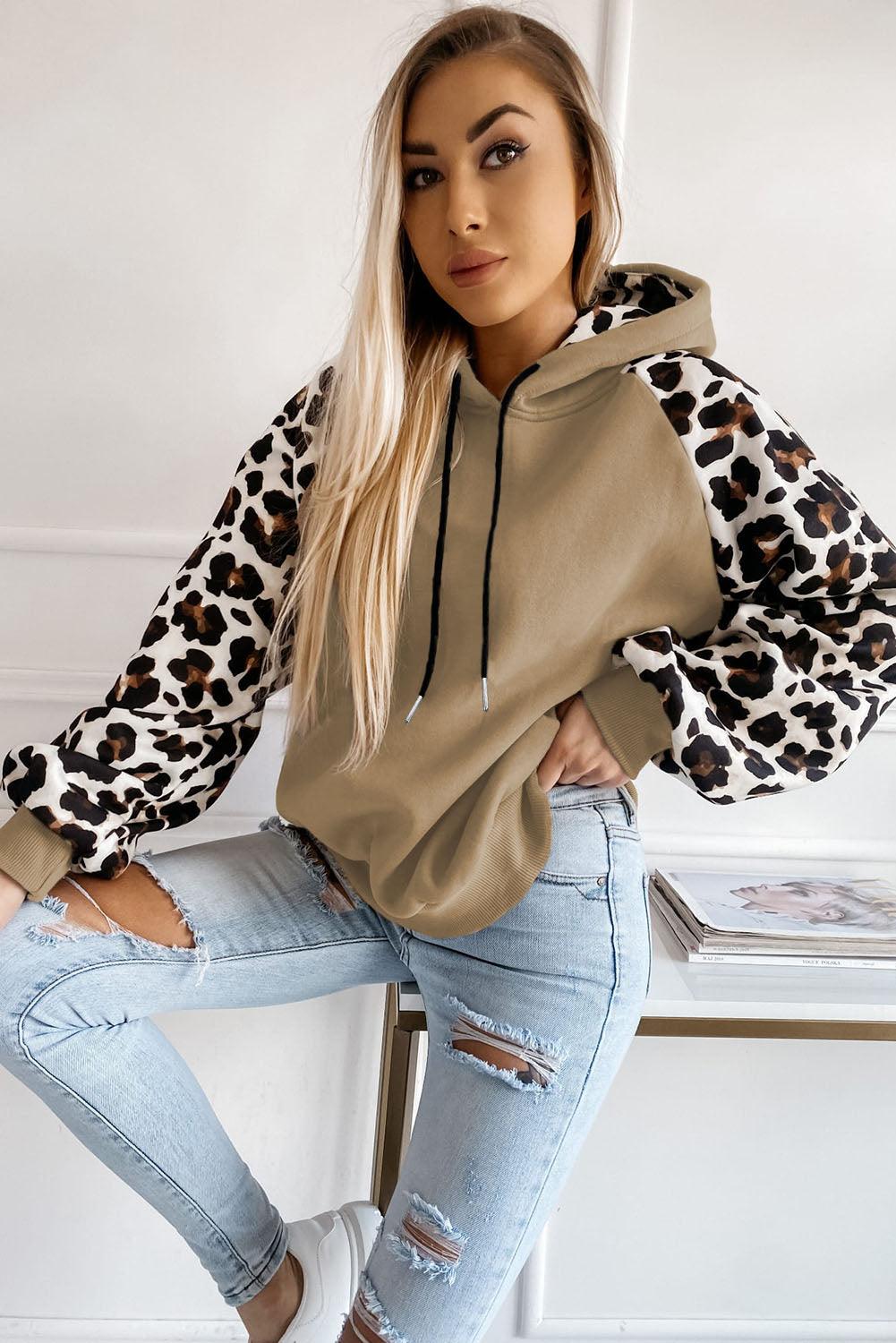 Khaki Leopard Bishop Sleeve Hooded Sweatshirt - L & M Kee, LLC