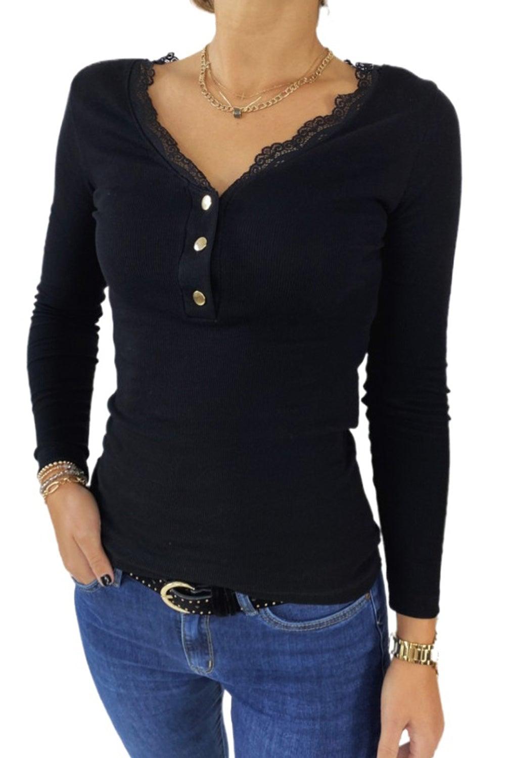 Lace Splicing Buttons V Neck Long Sleeve Top - L & M Kee, LLC