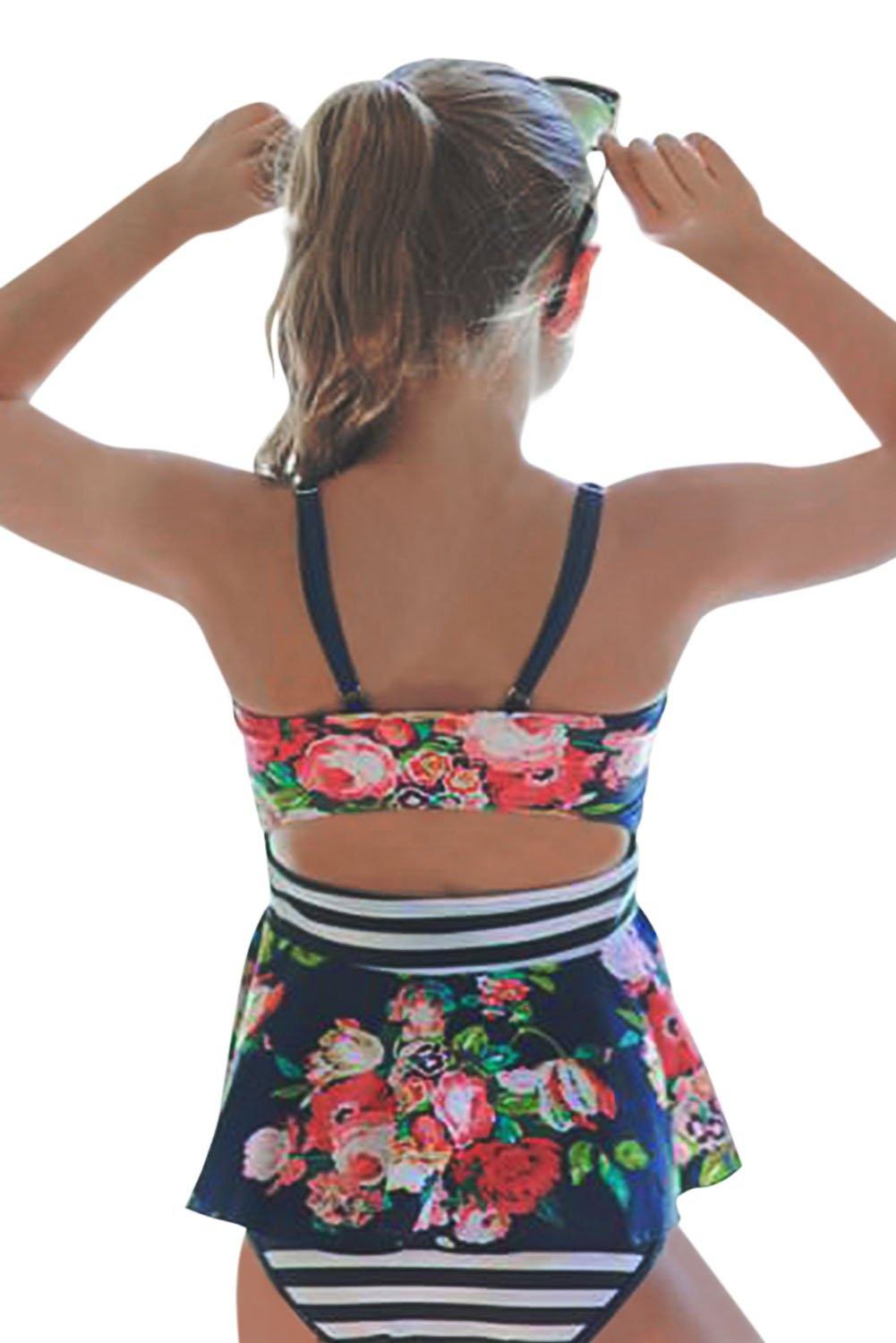 Navy Floral Print Peplum Little Girls Swimsuit - L & M Kee, LLC