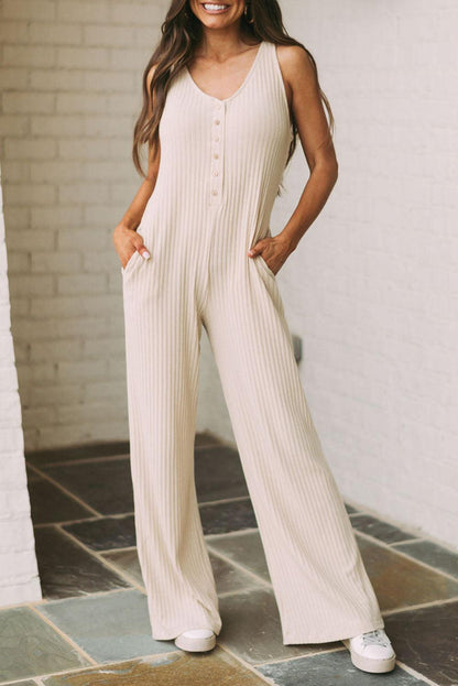 Sleeveless Buttoned Ribbed Wide Leg Jumpsuit with Pockets - L & M Kee, LLC