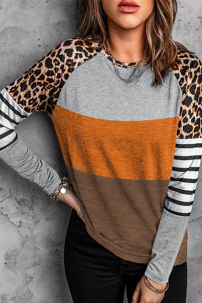 Leopard Striped Color Block Long Sleeve Blouse - L & M Kee, LLC