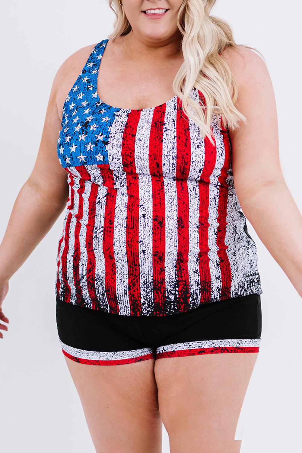 American Flag Print Tankini Plus Size Swimwear - L & M Kee, LLC