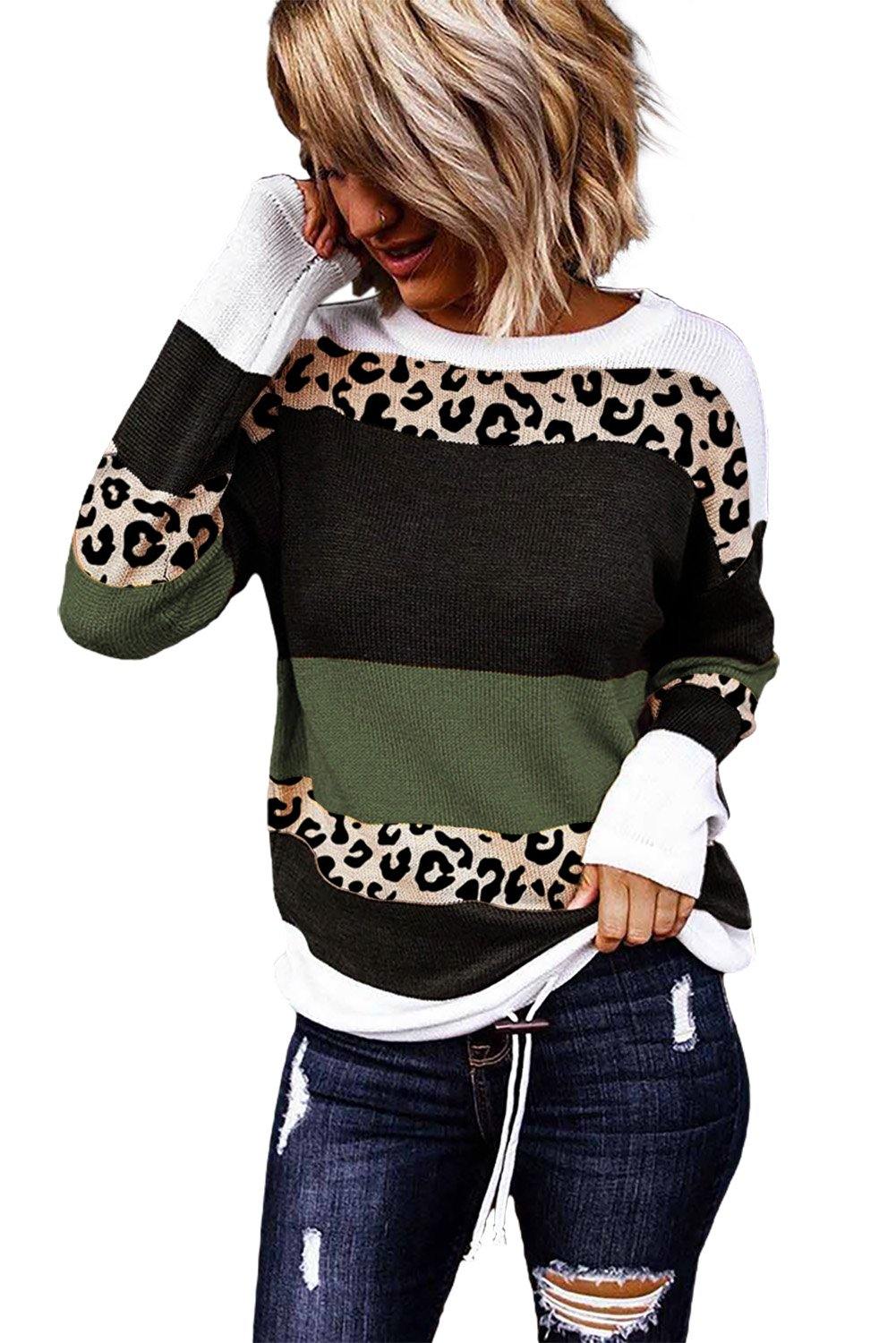 Crewneck Leopard Color Block Knit Pullover Sweater - L & M Kee, LLC