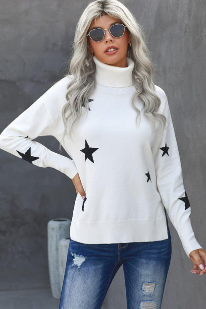 Khaki Turtleneck Dropped Sleeve Star Print Sweater - L & M Kee, LLC