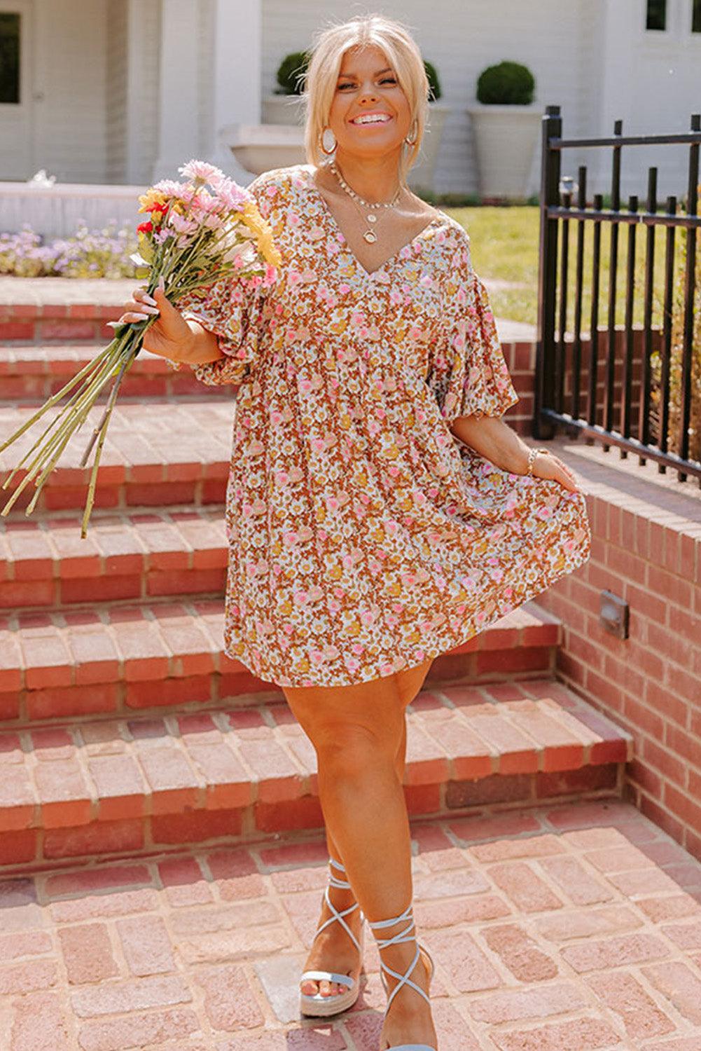 Multicolor Plus Size Floral Print Puff Sleeves Dress - L & M Kee, LLC