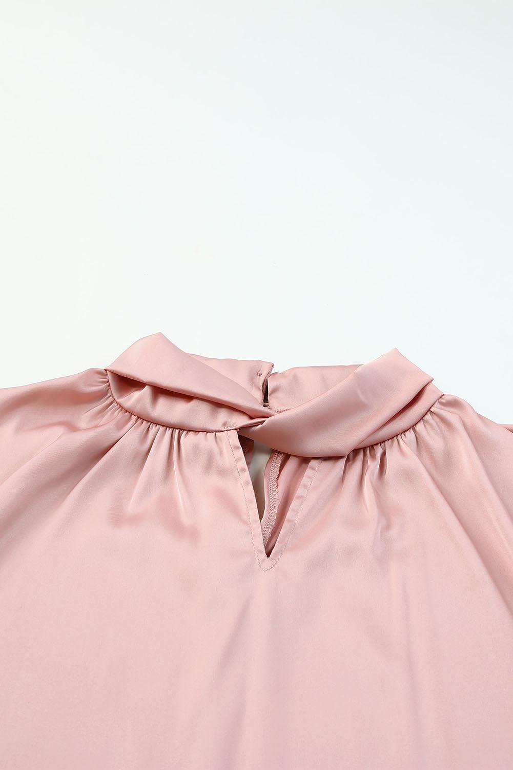 Twist High Neck Puff Sleeve Satin Blouse - L & M Kee, LLC