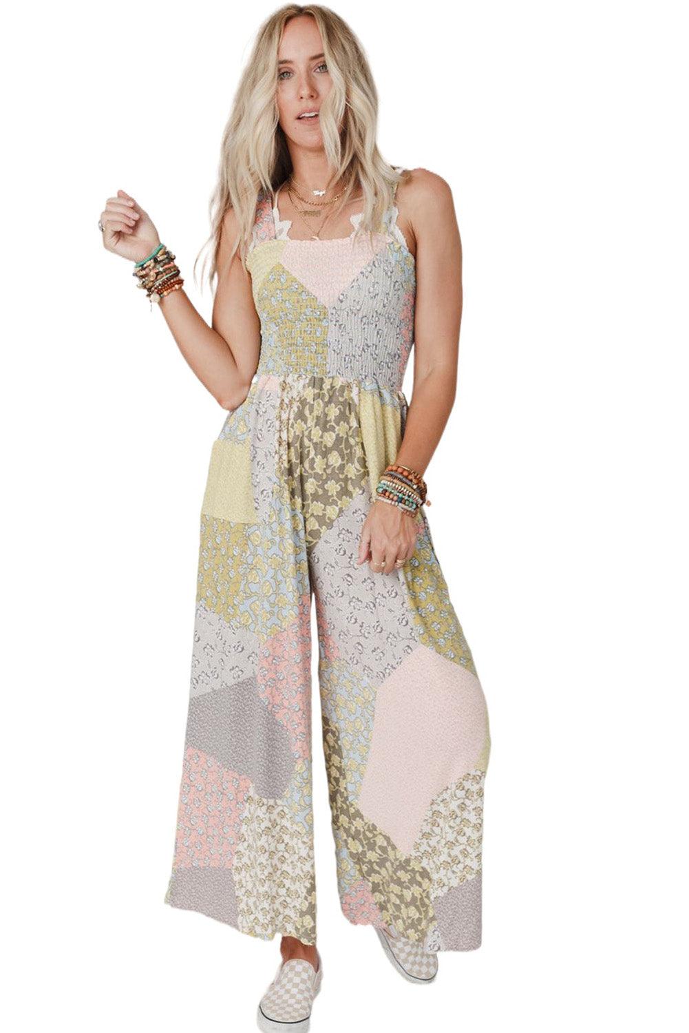 Multicolor Irregular Patchwork Print Smocked Wide Leg Jumpsuit - L & M Kee, LLC