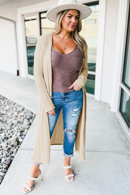 Beige Plus Size Ribbed Long Open Front Cardigan - L & M Kee, LLC