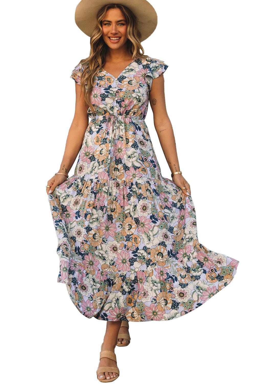 Layered Ruffle Sleeves Long Floral Dress - L & M Kee, LLC