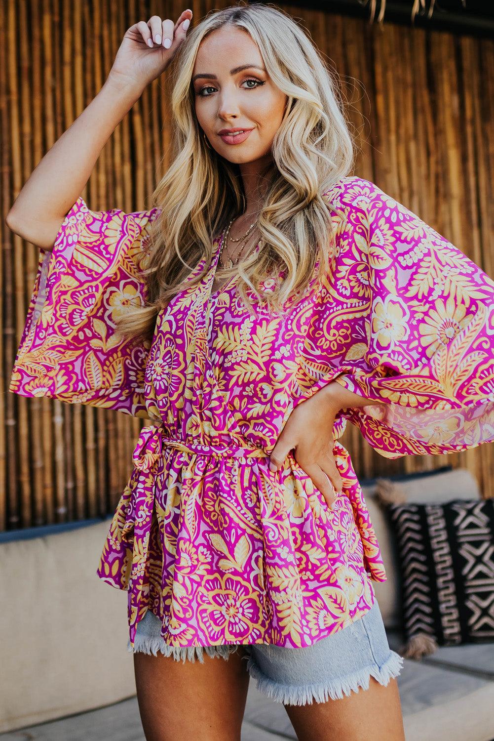 Boho Floral Print Belted Surplice Blouse - L & M Kee, LLC