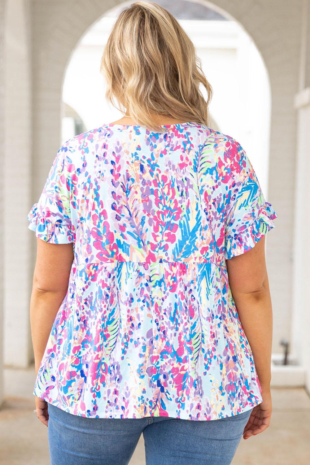 Vibrant Botanical Print Frill Short Sleeve Plus Size Top - L & M Kee, LLC