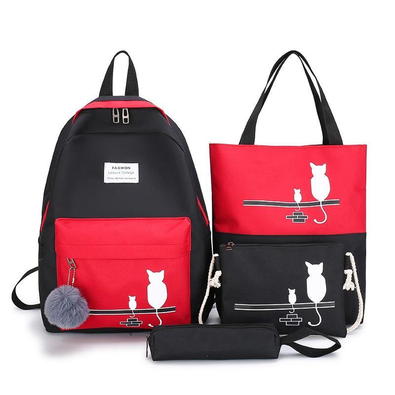 FUNMARDI 4Pcs/Set Canvas Cat Pattern School Bag - L & M Kee, LLC