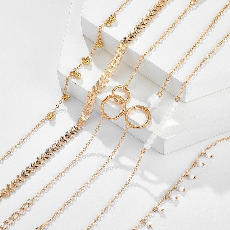 Tocona Bohemian Gold Tassel Bracelets for Women Boho Jewelry Geometric Leaves Beads Layered Hand Chain Charm Bracelet Set - L & M Kee, LLC