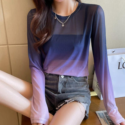Gradient Color Loose Long-Sleeved T-Shirt - L & M Kee, LLC