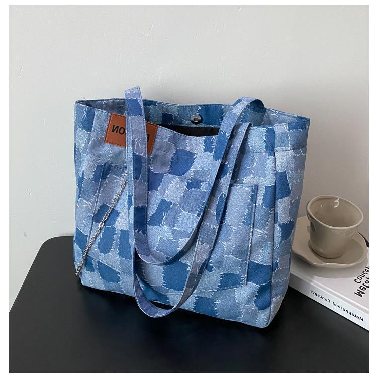 Plaid Denim Tote Bag - L & M Kee, LLC