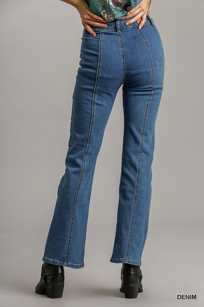 Panel Straight Cut Denim Jeans With Pockets