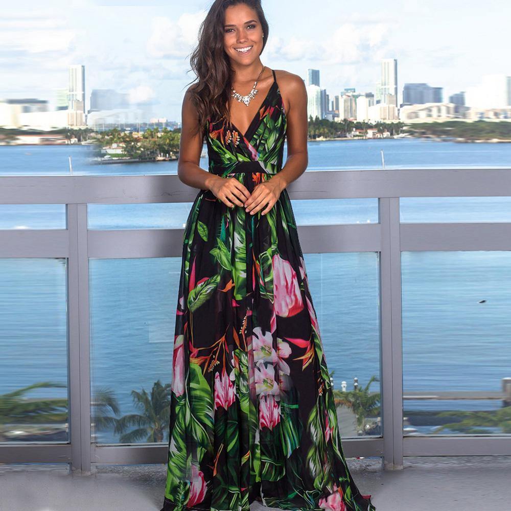 Printed Floral Long Boho Beach Dress - L & M Kee, LLC