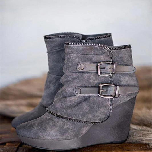 Suede Round Toe Wedge Boots - L & M Kee, LLC