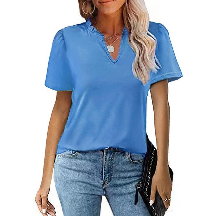 Popular Edge V-Neck Pleated Casual Short Sleeve Shirt - L & M Kee, LLC