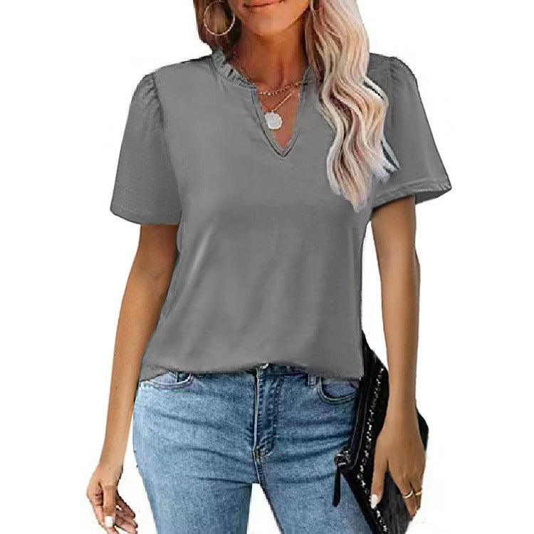 Popular Edge V-Neck Pleated Casual Short Sleeve Shirt - L & M Kee, LLC