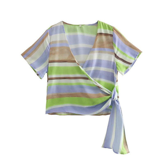 Temperament V-Neck Colorful Cross-Striped Lace-Up Shirt - L & M Kee, LLC