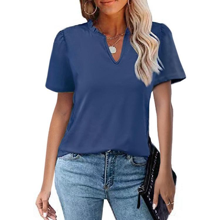 Popular Edge V-Neck Pleated Casual Short Sleeve Shirt - L & M Kee, LLC