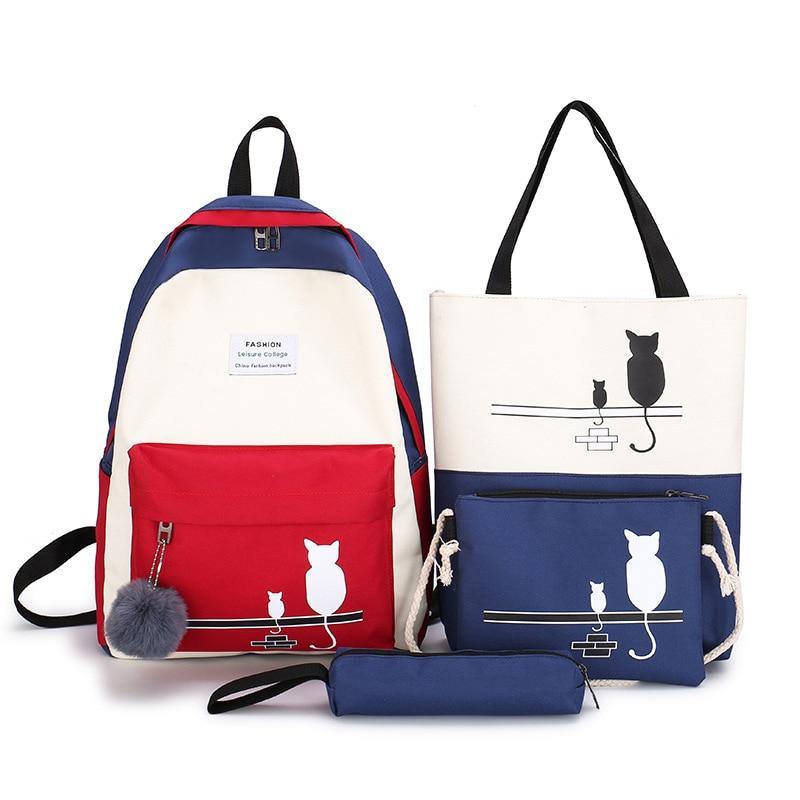 FUNMARDI 4Pcs/Set Canvas Cat Pattern School Bag - L & M Kee, LLC