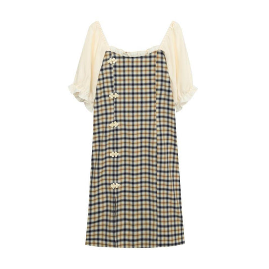 Print Plaid Square Collar Button Dress - L & M Kee, LLC