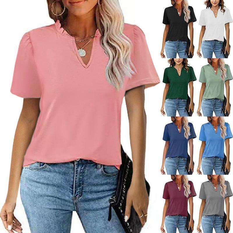 Popular Edge V-Neck Pleated Casual Short Sleeve Shirt - L & M Kee, LLC