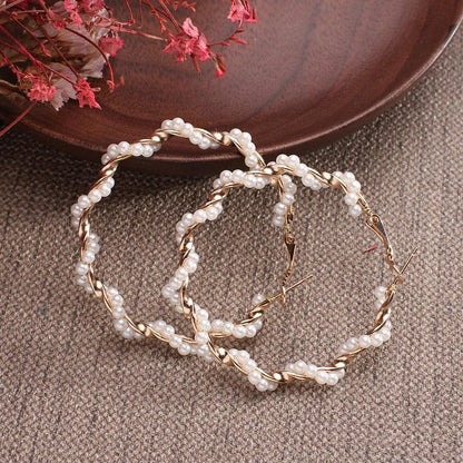 White Boho Imitation Pearl Circle Hoop Earrings - L & M Kee, LLC