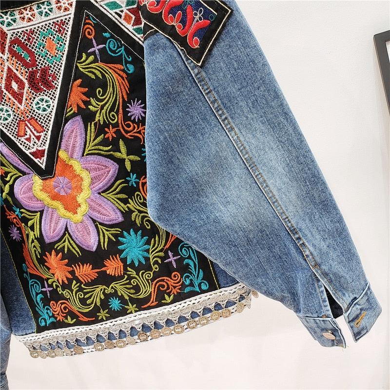 Denim Boho Beaded Vintage Jean Jacket - L & M Kee, LLC