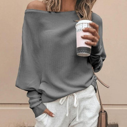 Off Shoulder Ribbed Texture Raglan Long Sleeve Pullover Top - L & M Kee, LLC