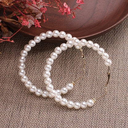 White Boho Imitation Pearl Circle Hoop Earrings - L & M Kee, LLC