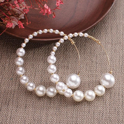 White Boho Imitation Pearl Circle Hoop Earrings - L & M Kee, LLC