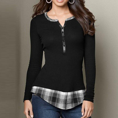 Women T Shirt V-Neck Buttons Long Sleeve - L & M Kee, LLC