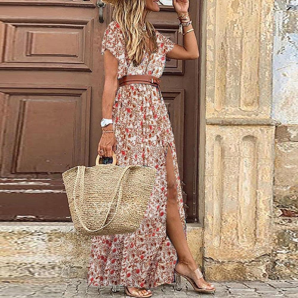 Boho Women V Neck Short Sleeve Paisley Print Maxi Dress - L & M Kee, LLC