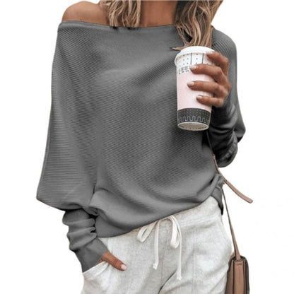 Off Shoulder Ribbed Texture Raglan Long Sleeve Pullover Top - L & M Kee, LLC