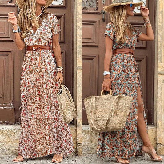 Boho Women V Neck Short Sleeve Paisley Print Maxi Dress - L & M Kee, LLC