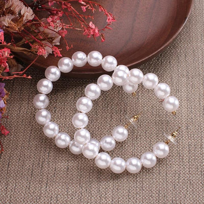 White Boho Imitation Pearl Circle Hoop Earrings - L & M Kee, LLC