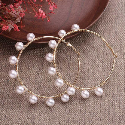 White Boho Imitation Pearl Circle Hoop Earrings - L & M Kee, LLC