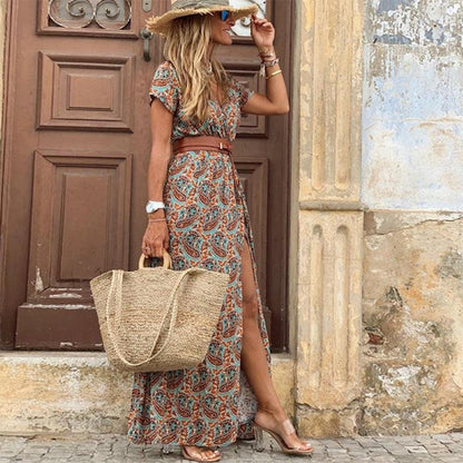 Boho Women V Neck Short Sleeve Paisley Print Maxi Dress - L & M Kee, LLC