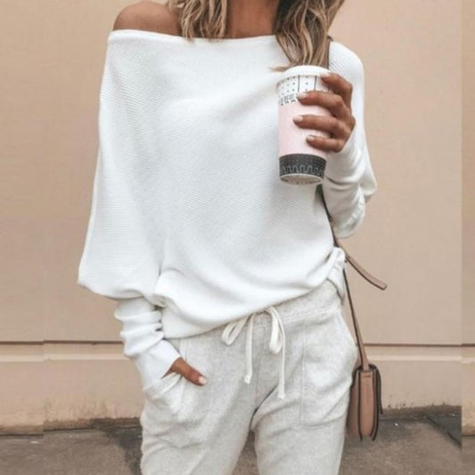 Off Shoulder Ribbed Texture Raglan Long Sleeve Pullover Top - L & M Kee, LLC