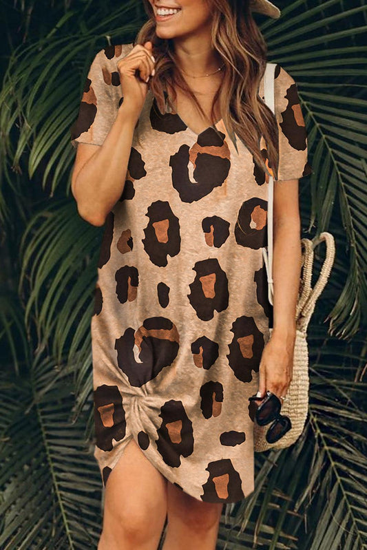 V Neck Leopard T-shirt Dress with Twist - L & M Kee, LLC