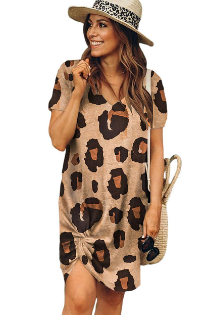 V Neck Leopard T-shirt Dress with Twist