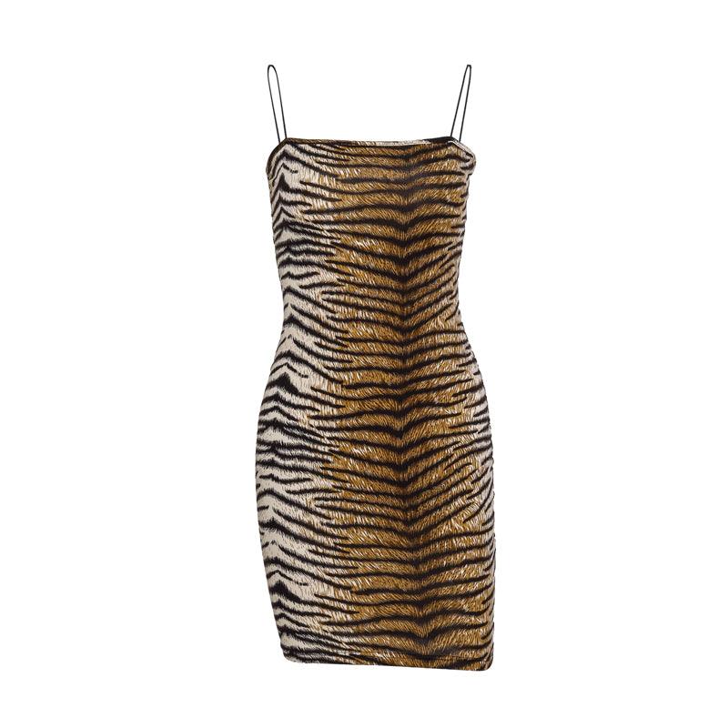 Tiger Stripe Pattern Slim-Fit off-Shoulder Strap Dress - L & M Kee, LLC