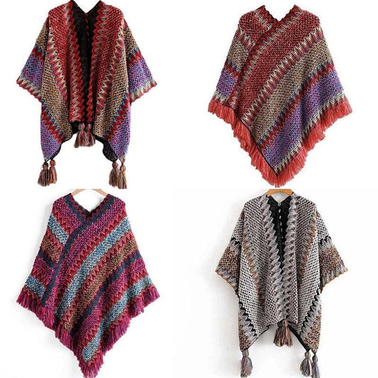 Soft Knitted Stripe Tassel Poncho - L & M Kee, LLC