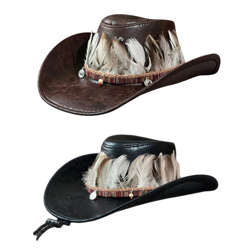 Feather Decor Faux Leather Hat