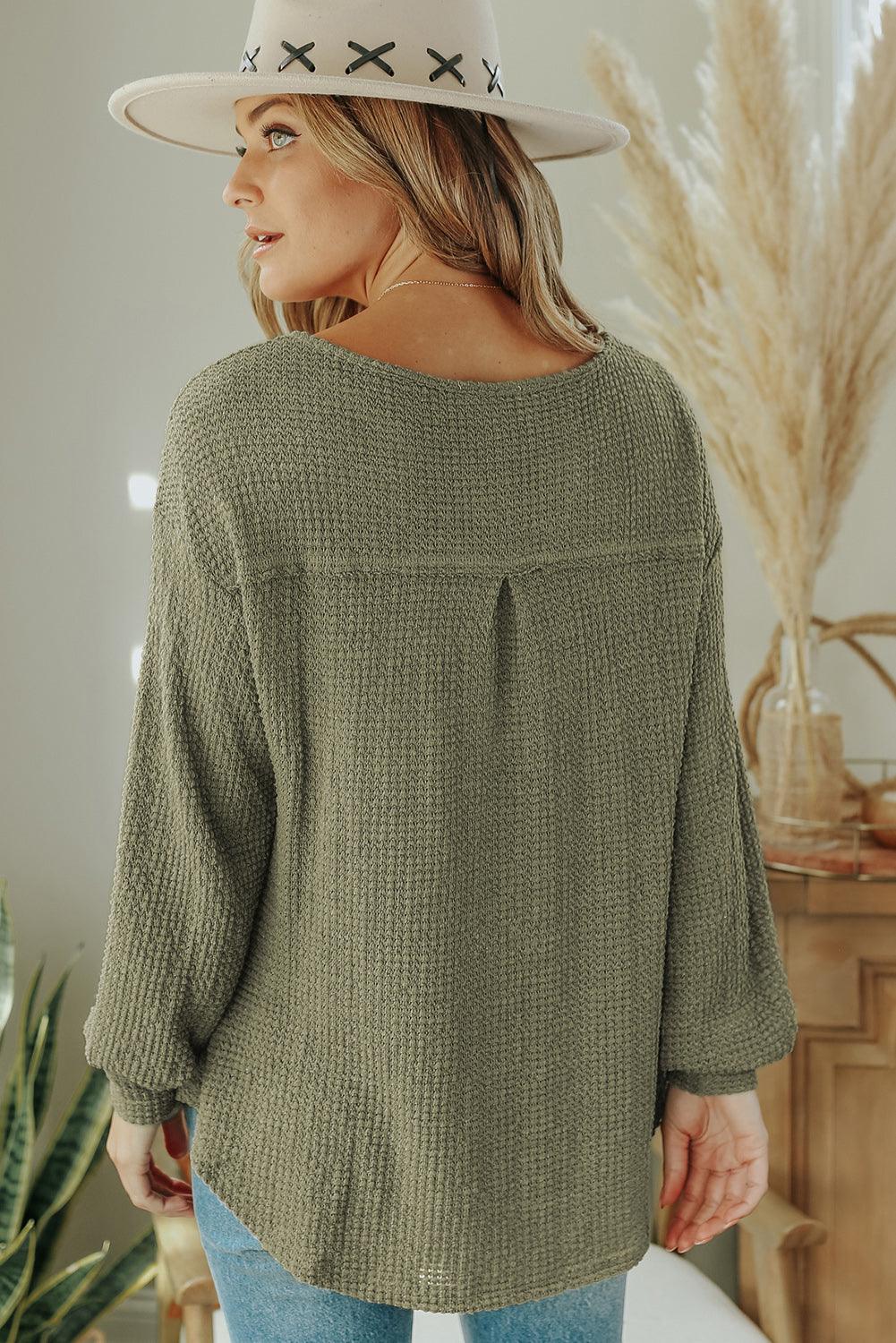 Waffle Knit Split Neck Pocketed Loose Top - L & M Kee, LLC