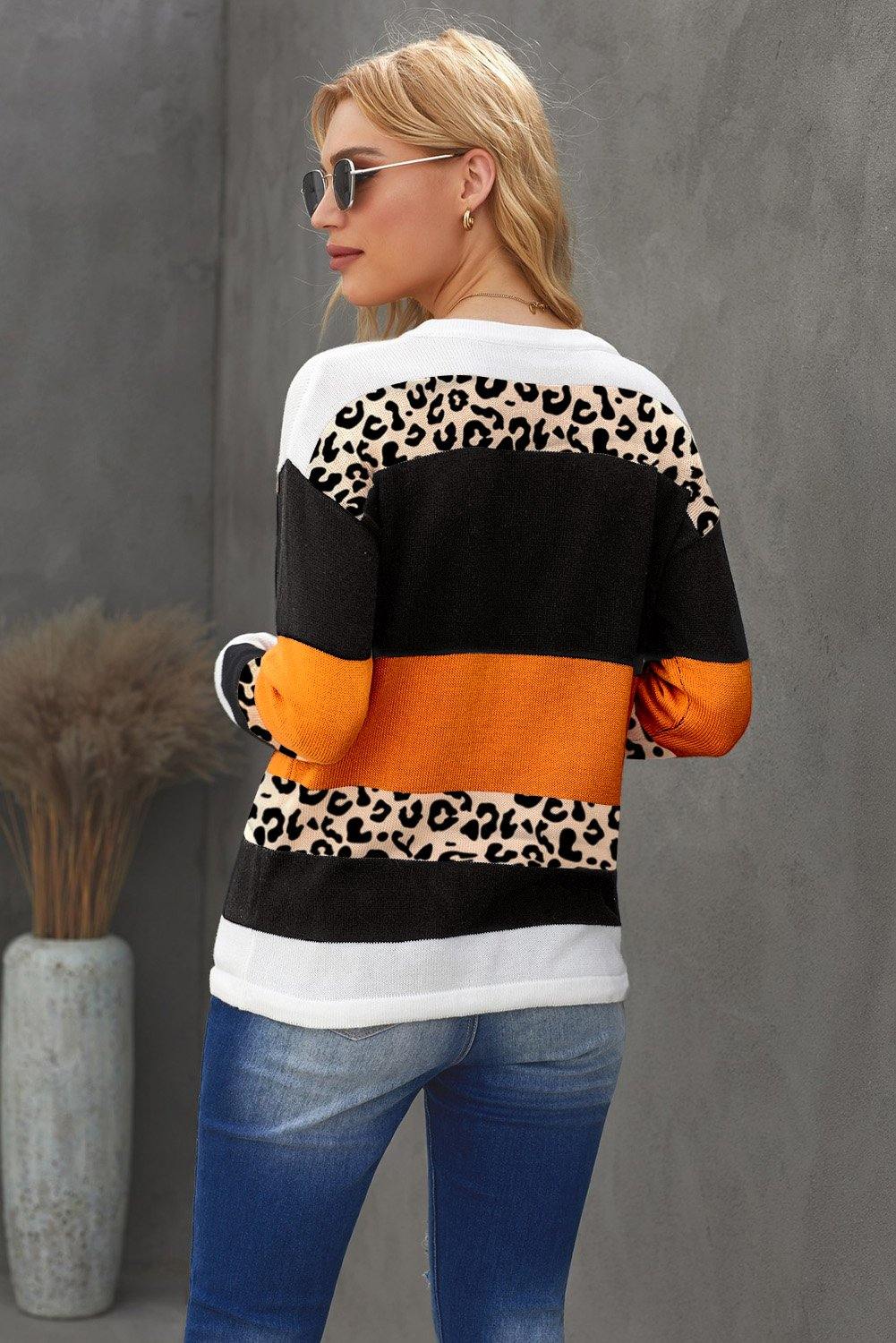 Crewneck Leopard Color Block Knit Pullover Sweater - L & M Kee, LLC