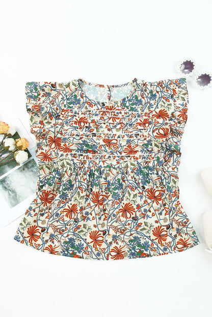 Multicolor Vintage Floral Shirred Sleeveless Tank Top - L & M Kee, LLC